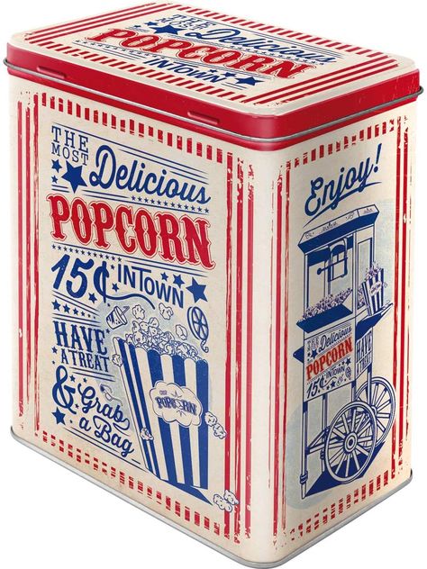 Popcorn Packaging, Popcorn Tin, Cereal Containers, Nostalgic Design, Coffee Storage, Coffee Tin, Fairy Cakes, Nostalgic Art, Tin Containers