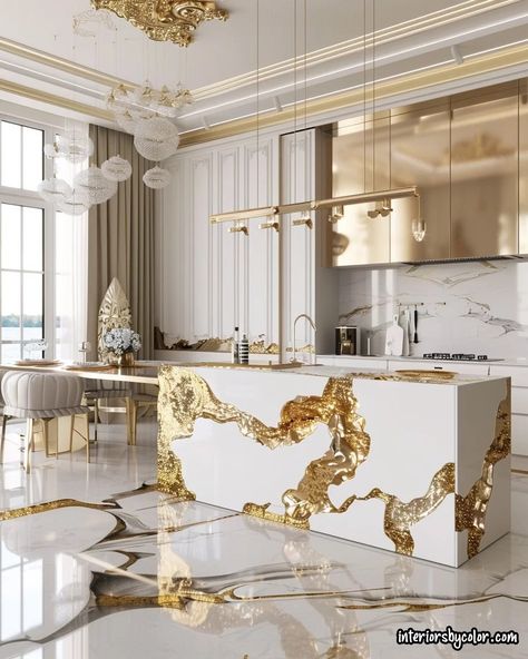 White Kitchen with Gold Accents - Interiors By Color White Gold House Interior, White And Gold Interior Design, Gold Kitchen Cabinets, White And Gold Interior, White And Gold Kitchen Decor, Gold Kitchen Appliances, White And Gold Kitchen Ideas, Luxury Kitchen Design White, White Gold Kitchen