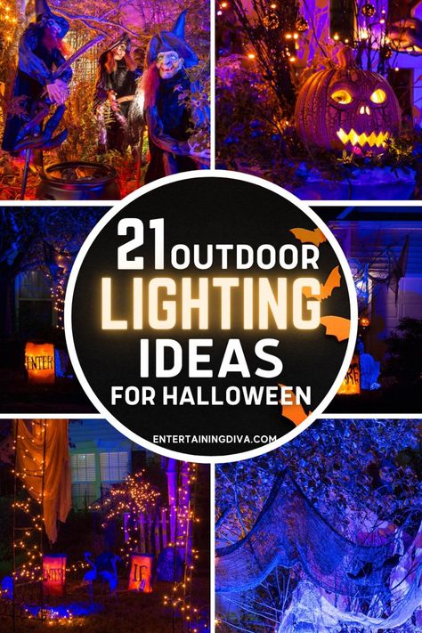 Halloween Lights Outdoor Porch, Spooky Outdoor Halloween Decorations, Front Yard Halloween, Spooky Outdoor Halloween Decor, Halloween Disco, Halloween Lighting, Halloween Lighting Outdoor, Scary Halloween Decorations Outdoor, Halloween Lights Decorations