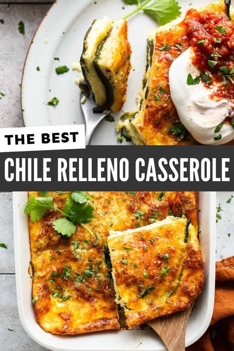 This chile relleno casserole features layers of roasted poblanos, melted Monterey and Colby jack cheese, and fluffy eggs, all baked in a large dish instead of individually stuffed and fried. Great for brunch, lunch, or dinner! Poblano Breakfast Recipes, Dinner Mexican, Chile Relleno Recipe, Relleno Casserole, Chile Relleno Casserole, Isabel Eats, Roasted Poblano Peppers, Chili Relleno, Fluffy Eggs