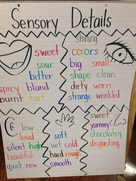 Sensory Details Anchor Chart Details Anchor Chart, Five Senses Preschool, Sensory Language, Sensory Words, 5 Senses Activities, Senses Preschool, My Five Senses, Sensory Details, Senses Activities