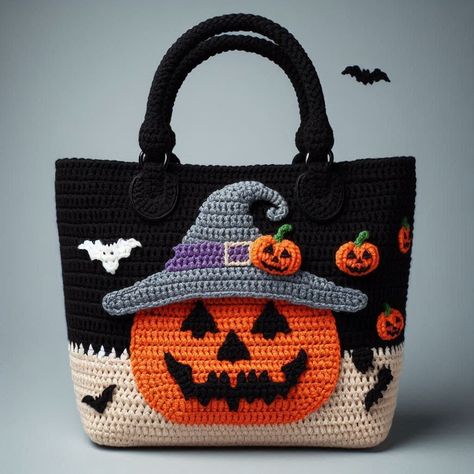 Crochet Halloween tote bag with pumpkin face, witch's hat, and bat motifs. Perfect for trick-or-treating or Halloween parties. Mochila Crochet, Accessoires Barbie, Crochet Backpack Pattern, Crochet Halloween, Crochet Backpack, Halloween Crochet Patterns, Halloween Tote Bag, Pumpkin Face, Backpack Pattern