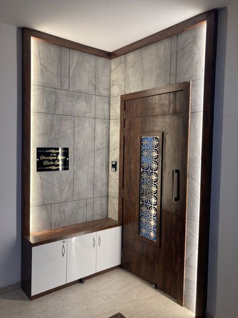 Main Door Lobby Design, Flat Door Entrance Ideas, Simple Safety Door Designs, Main Door Design For Flats, Sefty Door Design Home, Entrance Lobby Design Residential Flat, Main Door Entrance Wall Tiles, Safety Door Design Entrance Modern For Flat, Modern Entrance Lobby Design Residential