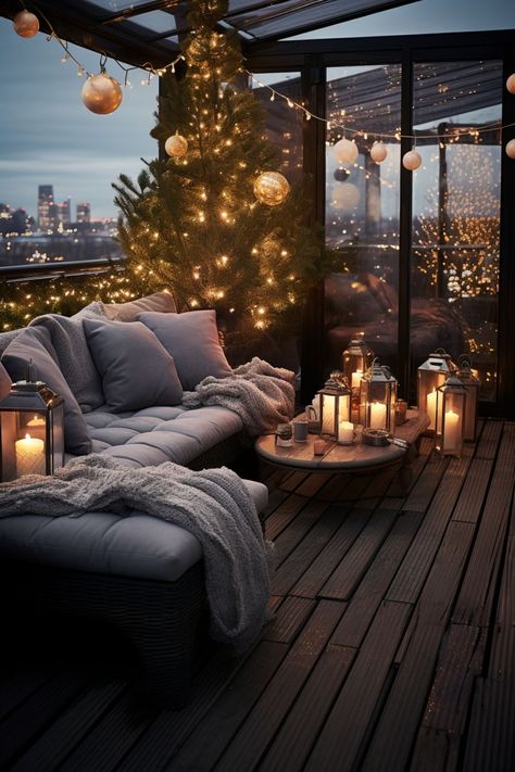 small balcony ideas balcony garden ideas balcony decor ideas balcony design ideas christmas decor ideas neutral holiday decor christmas tree ideas christmas tree decor ideas Balcony Winter Ideas, Winter Terrace Ideas, Apt Balcony Christmas Decor, Winter Balcony Ideas, Apartment Balcony Aesthetic Night, Balcony Winter, Winter Balcony, Backyard Deck Ideas, Home Makeovers