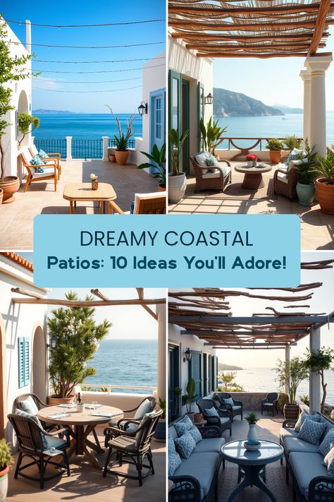 This pin showcases 10 coastal patio ideas for creating a relaxing outdoor space. The images highlight elements like string lights, artistic touches, and cozy furniture. It's ideal for anyone seeking inspiration for designing their own coastal-themed patio, using 4 images. Coastal Patio Ideas, Patio Retreat, Coastal Patio, Design A Space, Nautical Decor, Patio Design, Patio Ideas, Coastal Decor, Beach Style