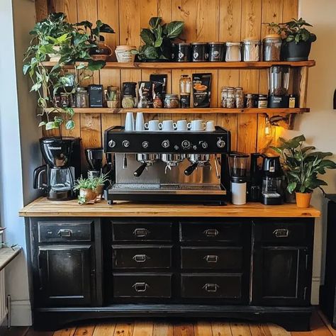 Creating a DIY home coffee bar can transform your kitchen or dining area into a cozy, stylish space dedicated to one of life’s simple pleasures: coffee. With a little creativity ... Read more Coffee Bar Asthetics, Coffee Nook Built In, Rustic Coffee Bar Ideas Farmhouse Style, How To Decorate Coffee Bar, Dark Academia Coffee Bar, Butcher Block Coffee Bar, Hutch Into Coffee Bar, Coffee Cubby, Dry Sink Coffee Bar