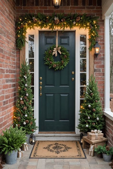 Exterior Door Christmas Decor, Greenery Around Front Door Christmas, Christmas Decorations Modern House, Xmas Front Porch Decor, Modern Exterior Christmas Decor, Christmas Small Front Porch Ideas, Christmas Door Ideas For Home Entrance, Christmas Decor House Exterior, Front Entry Christmas Decorating Ideas