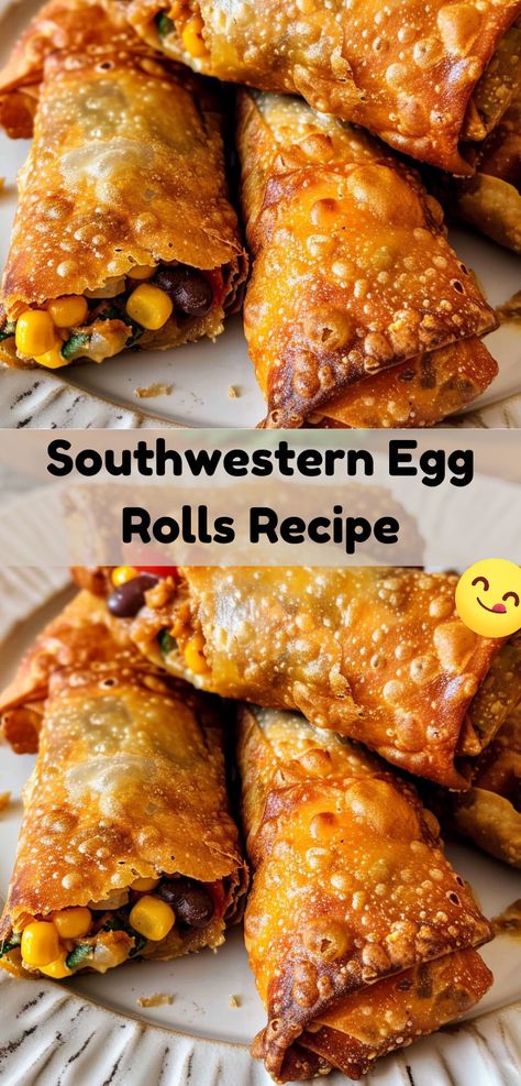 Try these Southwestern Egg Rolls with a crispy shell and a spicy, cheesy filling. Perfect for any occasion! Southwestern Egg Rolls Recipe, Spinach Dip Egg Rolls, Chili’s Southwestern Egg Rolls, Different Egg Roll Fillings, South Western Egg Rolls Recipe, Egg Roll Charcuterie Board, Eggroll Wrapper Ideas, Southwest Eggrolls Recipe Easy, Egg Roll Ideas