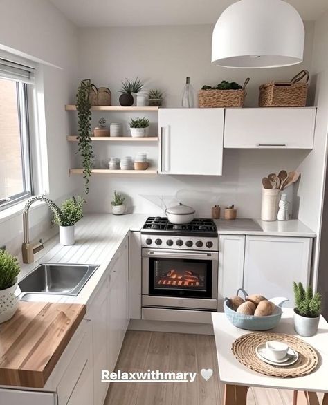 Relaxwithmary Cute Minimalist Kitchen, Simple Kitchen Apartment, Cocinas Aesthetic, Tiny House Kitchen Layout, Classy Rooms, Interior Design Layout, Small Kitchen Layouts, Open Plan Kitchen Living Room, Kitchen Aesthetic