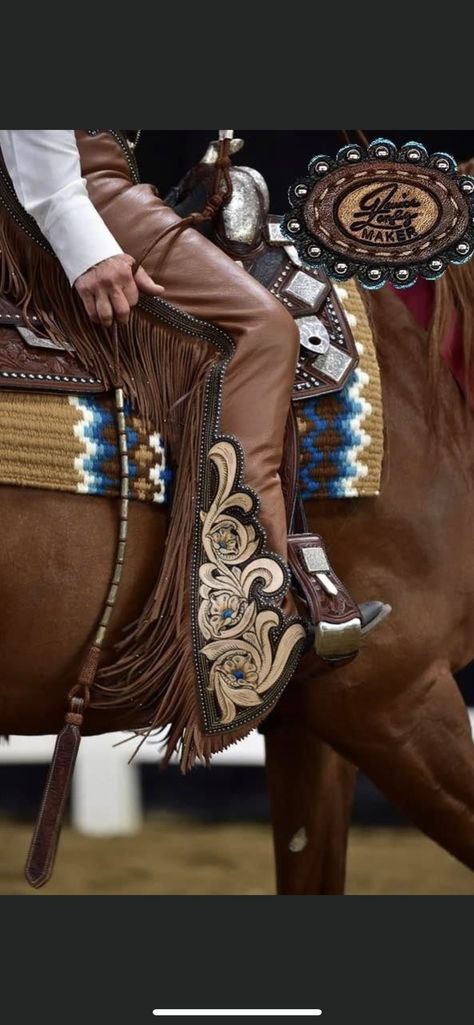 Cowboy Chaps Pattern, Leather Tooling Patterns Horse, Chaps Pattern Western, Leg Photo, Rhett Eaton, Horse Riding Chaps, Half Chaps Equestrian, Cowgirl Chaps, Tooled Leather Barrel Racer