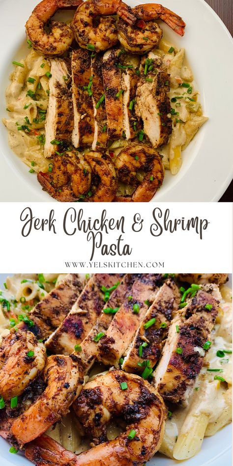 Jerk Shrimp Fettuccine, Jerk Chicken And Shrimp Pasta, Jerk Chicken Alfredo Pasta Recipe, Creamy Jerk Chicken Pasta, Chicken And Shrimp Crockpot Recipes, Blackened Steak And Shrimp Alfredo, Chicken And Shrimp Dinner Ideas, Jamaican Jerk Chicken Pasta, Jerk Chicken Alfredo Pasta