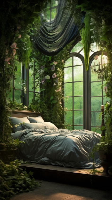 Lush Bedroom Ideas, Garden Aesthetic Bedroom, Bedroom Decor Natural Earthy, Secret Garden Room Ideas, Room Filled With Flowers, Flower Garden Bedroom, Magical Dorm Room, Dark Fairytale Bedroom, Fairytale Room Decor