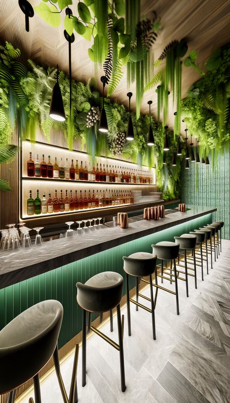 Jungle Bar Ideas, Botanical Restaurant Interior, Dark Green Restaurant Interior, Green Restaurant Interior, Tropical Bar Design, Green Coffee Bar, Green Restaurant, Bar Lounge Design, Cafe Bar Design