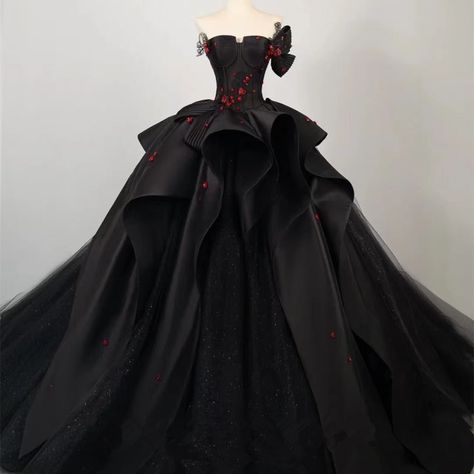 Regal Gothic Black Wedding Dress Ball Gown with Off-Shoulder Black and Red Floral Accents Plus Size - WonderlandByLilian Ball Gowns Vampire, A Black Wedding Dress, Red And Black Wedding Dress The Bride Gowns, Black And Burgundy Quince Dress, Black And Red Gown Elegant, Black And White Wedding Dress Corset Victorian Ball Gowns, Unique Black Wedding Dresses, Black And Red Wedding Dresses The Bride, Black Floral Wedding Dress