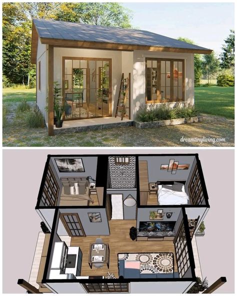 1 Floor Tiny House, Tiny Beach Houses, Small House 1 Floor, Mini Cottage Small Houses, Tiny House 1 Floor, Small Open Plan House, Accessory Dwelling Unit Backyard Cottage, Small Houses Layout, Tiny House Design Exterior