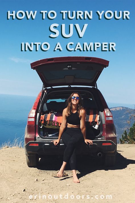 Tutorial to turn your SUV into a camper van. Full post on erinoutdoors.com! Video tour on my YouTube channel– youtube.com/erinoutdoors. Suv Camper, Suv Camping, Best Suv, Winter Car, Camping Organization, Car Camper, Camping Guide, Truck Camping, Pt Cruiser