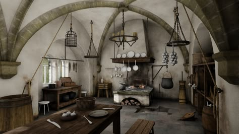 ArtStation - Medieval kitchen, Zdenek Elefant Kitchen Concept Art, Fairytale House Interior, Medieval Cottage, Medieval Kitchen, Castle Kitchens, Kitchen Concept, Historical Interior, Fairytale House, Castles Interior