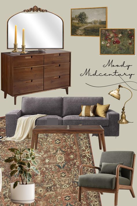 Midcentury Living Room, Living Room Vision Board, Midcentury Living, Room Vision Board, Moody Living Room, Mid Century Living Room, Cottage Living Rooms, Vintage Living Room, Buy Home