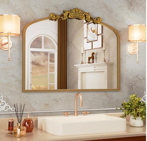 #mirror #decor #baroque #baroquemirror #style #cozyhome #apartmentdecor Gold Antique Mirror, Vintage Bathroom Mirror, Vintage Bathroom Mirrors, Gold Arch Mirror, Baroque Mirror, Mantle Mirror, Mirror For Wall, Black Mirror Frame, Art Deco Bathroom