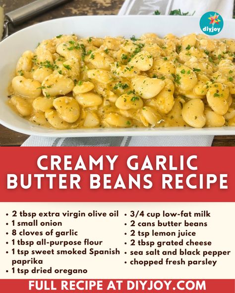 This creamy garlic butter beans recipe is easy to make, healthy, and delicious! It's the perfect vegetarian meal or side dish on a busy day. Cornbread Muffins Recipe, Butter Beans Recipe, Bacon Chili, Slushie Recipe, Canned Butter, Vegetarian Meal, Beans Recipe, Butter Beans, Creamy Garlic