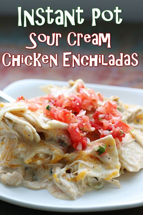 Instant Pot Sour Cream Chicken Enchiladas--tender chicken in a creamy sour cream and green chile sauce with tortillas and cheese. Instant Pot Sour Cream, Sour Cream Chicken Enchiladas, Cream Chicken Enchiladas, Sour Cream Enchiladas, Green Chile Sauce, Cream Chicken, Creamy Chicken Enchiladas, Sour Cream Chicken, Chile Sauce