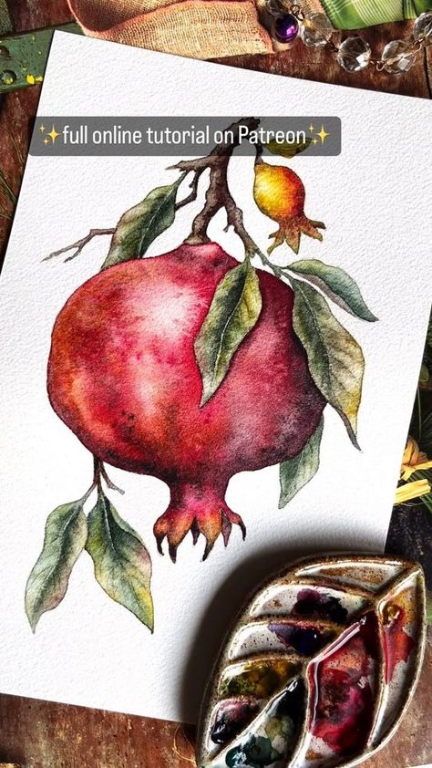 Unger EasyArt | ✨Pomegranate.. relaxing tutorial on Patreon, link in bio ✨ #waterblog #watercolorbotanicals #illustrationnow #inspiring_watercolors... | Instagram Watercolour Fruits, Mises En Page Design Graphique, Pomegranate Art, Acrylic Art Projects, Fruits Drawing, Watercolor Fruit, Watercolor Projects, Watercolor Flower Art, Fruit Painting