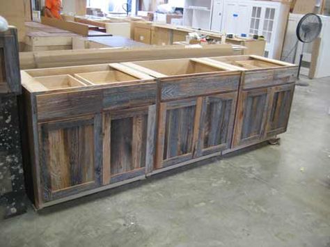 Barnwood Kitchen, Barn Wood Cabinets, Reclaimed Wood Cabinet, Cabinet Woodworking Plans, Modern Country Kitchens, Kitchen Cabinets For Sale, Trailer Conversion, Reclaimed Wood Kitchen, Kitchen Bar Table