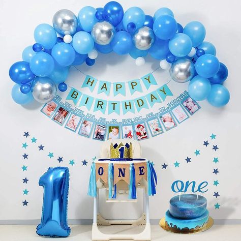 BLUE Party Supplies for ONE Highchair Banner Decorations,Royal Prince Crown,Happy Birthday Banner,12 Months Photo Banner,Blue silver Balloon Garland kit,ONE Cake Topper. 1st Birthday Decorations Boy, Baby Boy Birthday Decoration, Birthday Decorations At Home, Baby Boy Decorations, Baby Birthday Decorations, Birthday Room Decorations, Boy Birthday Decorations, Simple Birthday Decorations, Fotografi Iphone