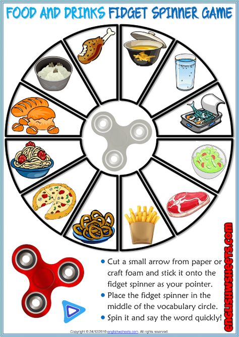 Food and Drinks ESL Printable Fidget Spinner Game Food Games For Kids, Vocabulary Games For Kids, Spinner Games, Esl Games, Esl Vocabulary, Learning English For Kids, Kids Worksheets Printables, Fidget Spinners, English Games