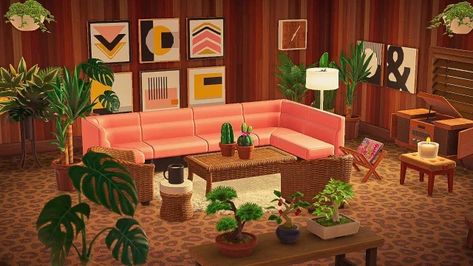 Eclectic Animal Crossing, Acnh Retro Room, Acnh Living Rooms Ideas Modern, Animal Crossing 70s, Acnh 70s, Leopard Carpet, Acnh Interior, 70s Living Room, Acnh Design