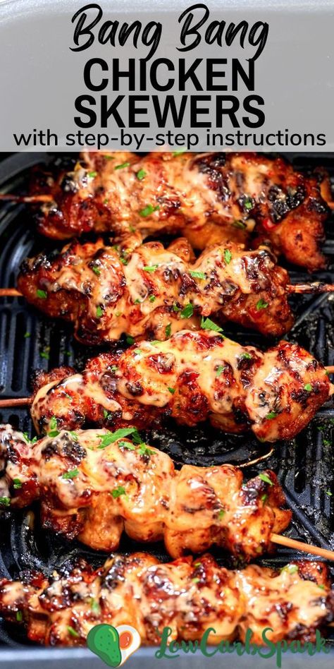 Try these Air Fryer Bang Bang Chicken Skewers—they're easy to make, juicy, and covered in a sauce that's both sweet and spicy. They cook in under 30 minutes, making them perfect for a quick, tasty, and low-carb meal. These skewers strike a nice balance between sweet and spicy, making them great for appetizers or a main dish. Low Carb Chicken Skewers, Thai Chicken Skewers Grilled, Healthy Dinner Appetizers, Boom Boom Chicken Skewers, Chicken On A Skewer, Chicken Skewer Appetizer Recipes, Bangbang Chicken Skewers, Air Fryer Chicken Kebab, Smoked Chicken Skewers