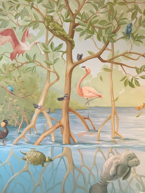 Birds and sea creatures abound in this wall mural in Florida.  All of the creatures shown are native to the region.  One of my favorite mural projects, ever! #kidsmural #childrensroom Everglades Illustration, Mangroves Illustration, Mangrove Forest Illustration, Mangrove Infographic, Swamp Mural, Mangrove Tattoo, Mangrove Illustration, Mangrove Art, Florida Mural