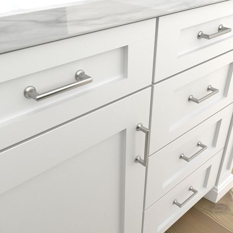 allen + roth Lowder 3-3/4-in (96Mm) Center to Center Satin Nickel Rectangular Bar Drawer Pulls (6-Pack) Lowes.com Brushed Silver Kitchen Hardware, Brushed Nickel Hardware Kitchen Cabinets, White Kitchen Cabinets With Brushed Nickel Hardware, Cabinet Handles For White Cabinets, White Kitchen Silver Hardware, Nickel Hardware Kitchen, Brushed Nickel Hardware Kitchen, Cabinet Pulls For White Cabinets, Shaker Cabinet Hardware