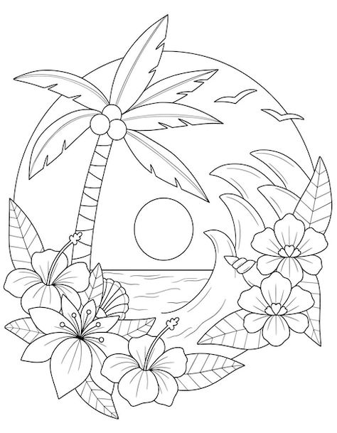 Simple Adult Coloring Pages, Ocean Animal Coloring Pages, Relaxing Illustration, Hell Tattoo, Printable Coloring Pages For Adults, Mindfulness Coloring, Beach Coloring Pages, Summer Drawings, Autumn Girl