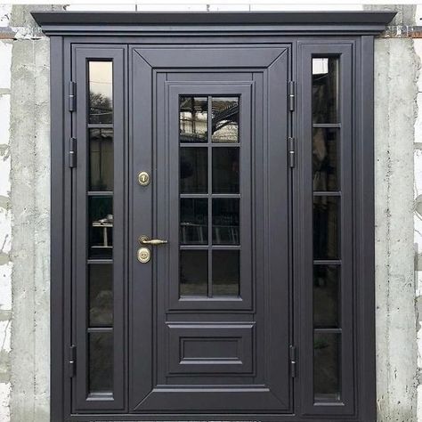 Door designing ideas Glass Entrance Doors, Black Exterior Doors, Metal Doors Exterior, Flush Door Design, House Front Door Design, Grill Gate Design, Metal Doors Design, Main Entrance Door Design, Main Entrance Door