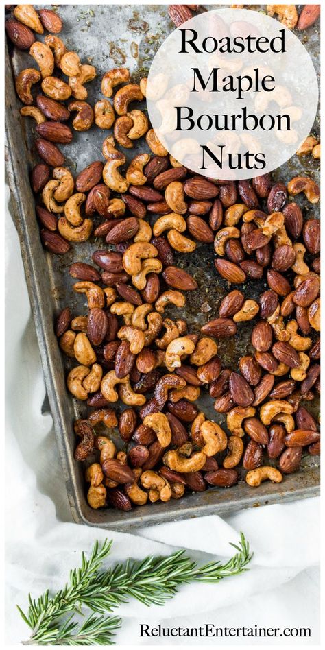 Roasted Maple Bourbon Nuts #roastedmaplebourbonnuts #roastednuts #bourbonnuts #makeyourown #reluctantentertainer Roasted Nuts Recipe, Seasoned Nuts, Maple Bourbon, Nut Snacks, Nut Recipes, Roasted Nuts, Candied Nuts, Raw Cashews, Raw Almonds