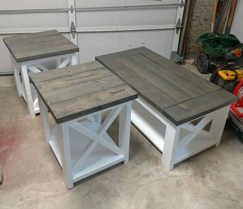 (paid link) Rounded DIY Coffee Tables. Bench Coffee Table Decor, Diy Coffee Table And End Tables, Living Room End Tables Diy, Diy Coffee Table And End Table Set, Diy Coffee And End Tables, Living Room Table Diy, Farmhouse End Tables Living Room, Farm Style Coffee Table, Coffee Table End Table Set