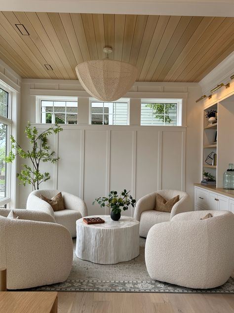 Everything about this cozy sitting room space is absolutely breathtaking...from the board and batten creamy white walls, the unique windows, the oak paneling on the ceiling, the wall of built-ins, we couldn't love it more! To top it off, the room is styled to perfection and is surely a space that you would want to spend endless amounts of time in!


New Construction | Home Trends 2024 | Home Design | Minnesota Home Trends Multiple Sitting Areas In Living Room, Sunroom Sitting Area, Living Room With 2 Seating Areas, Four Chair Conversation Area, Sitting Area In Living Room Ideas, Round Seating Area, Conversation Room Ideas, Photoshoot Angles, Small Sitting Room Ideas