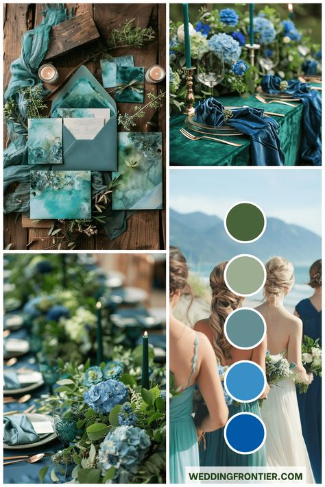 Dreaming of a wedding that's both elegant and enchanting? A blue and green theme might just be what you're looking for. These colors combine the calmness of Royal Blue And Olive Green Wedding, Wedding Color Earth Tones, Royal Blue Emerald Green Wedding, Blue Green Wedding Palette, Natural Wedding Theme Color Palettes, Emerald Green And Royal Blue Wedding, Emerald Green And Blue Wedding Theme, Green Blue Wedding Theme, Wedding Colors Blue And Green