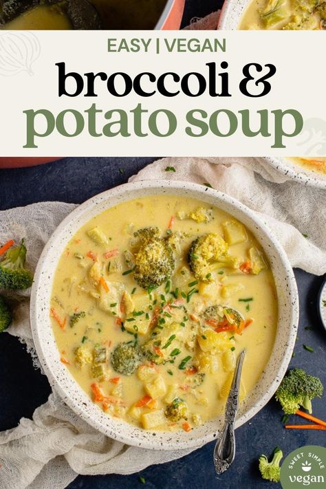 This Vegan Broccoli Potato soup is made rich and creamy with silken tofu and is packed with good-for-you vegetables. It’s naturally gluten-free, dairy-free, and high in protein making it the perfect weeknight vegan recipe. Serve with a side of our favorite no-knead bread! #creamy #highprotein #plantbased #veganprotein #tofusoup #broccolicheddarsoup #vegansoup #fallrecipes #winterrecipes #souprecipes #glutenfreerecipes #sweetsimplevegan #vegan Potato Vegan Soup, Vegan Soup Potato, Vegan Mushroom And Broccoli Recipes, Broccoli Potato Soup Vegan, Brocolli Potato Soup Recipes, Silken Tofu Soup Recipes, Vegan Broccoli Potato Soup, Vegan Winter Soup Recipes, Vegan Potato Soup Recipes