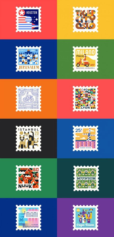 As a tribute to the art of postage #stamp #design, the team of #graphicdesign studio Makers Company has produced a series of well-illustrated stamps featuring a variety of cities and towns. All #stamps are made in a square format based on flat illustrations in different colors and shapes. Mail Stamp Design, Place Branding, Sticker Inspiration, City Branding, Postage Stamp Design, Template Brochure, Travel Stamp, Postcard Stamps, Graphic Design Elements