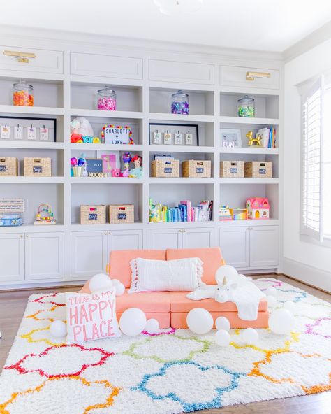 Bright Playroom, Baby Playroom, Basement Playroom, Girls Playroom, Toddler Playroom, Kids Playroom Decor, Bedroom Organization, Playroom Storage, Playroom Design