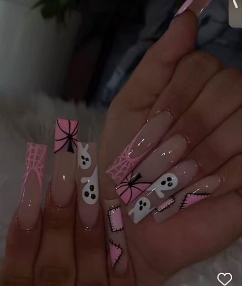 Nail Inspo 2023 Halloween, Pink Fall Nail Sets, Nail Inspo Coffin Hello Kitty, Cute Spooky Nail Sets, Halloween Birthday Acrylic Nails, Mail Inspo Halloween, Spooky Long Nails, Acrylic Nail Designs For Halloween, Nail Ideas Acrylic Halloween