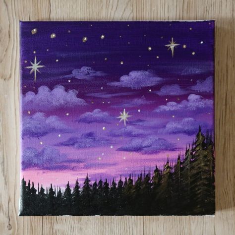 Watch full tutorial on my youtube channel, on how to paint aesthetic purple clouds & sky Art, Trees, Purple, Painting Idea, Night Sky, Acrylic Painting, Canvas