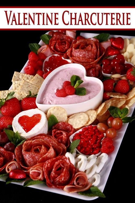 A valentine's day themed charcuterie board with meats, cheeses, and treats on it. It's red, white, and pink. Valentine Charcuterie Board, Valentine Charcuterie, Heart Shaped Cheese, Red Platter, Valentines Party Food, Red Party, Valentines Party, Of Ideas, Charcuterie Board