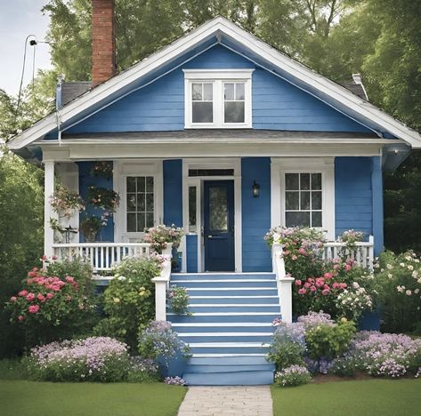 Blue House White Trim, Blue Tiny House, Three Pines, Blue Houses, Old Houses Renovation, Cottage Outdoor, Garden Nook, Pintura Exterior, Magical Home