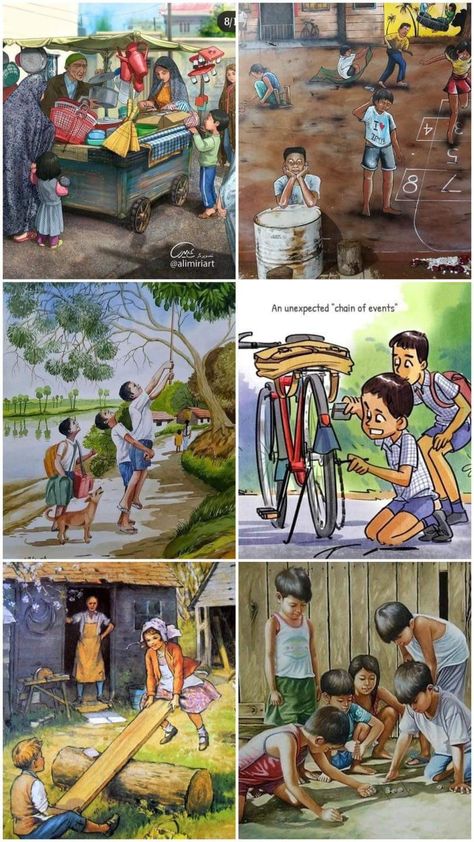 Old Village Photo, Childhood Nostalgia Art, Indian Childhood Memories 90s, Penting Art, Cute Art Drawings, Village Drawing, Emoji Defined, Childhood Images, Childhood Memories Art