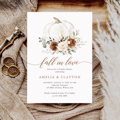 Floral Rust Pumpkin Fall in Love Couple Shower Editable Template Fall In Love Wedding Invitations, Fall Bridal Shower Themes, Fall Wedding Shower Ideas, Fall Greenery Wedding, Rust Flowers, Cream Wedding Invitations, Fall In Love Bridal Shower, Fall Greenery, In Love Couple