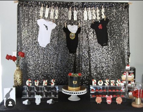 Red And Black Gender Reveal Party, Gothic Gender Reveal Ideas, Rock Gender Reveal Ideas, Punk Baby Shower Ideas, Rock N Roll Gender Reveal, Gender Reveal Food Table, Punk Rock Baby Shower Ideas, Rockstar Baby Shower Ideas, Valentines Gender Reveal