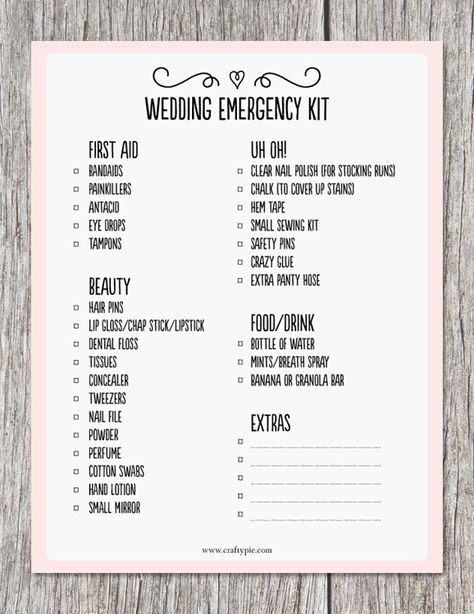 free printable wedding emergency kit list Wedding Emergency Kit List, Emergency Kit List, Bridal Emergency Kits, Personal Attendant, Wedding Planning Printables, Wedding Emergency Kit, Moh Duties, Maid Of Honor Duties, Last Minute Wedding